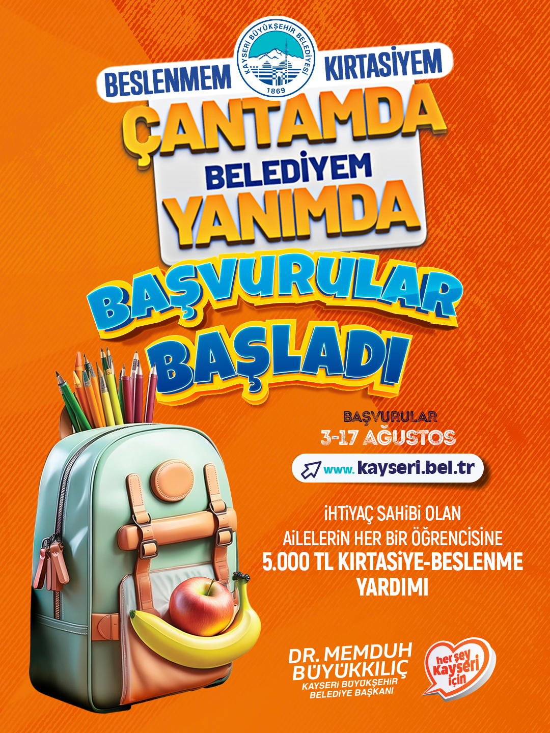 Kayseri Büyükşehir'den öğrencilere 5 bin TL eğitim desteği başvurular başladı